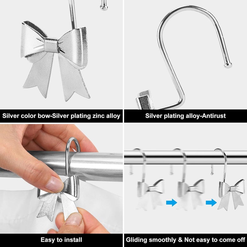 YanKiTour Silver Bow Shower Curtain Hooks, 12 Pack Metal Decorative Rings, Rust Proof Bow Knot Design for Bathroom Bedroom Living Room Baby Room Nursery Art Decor (Silver 1) - Image 2